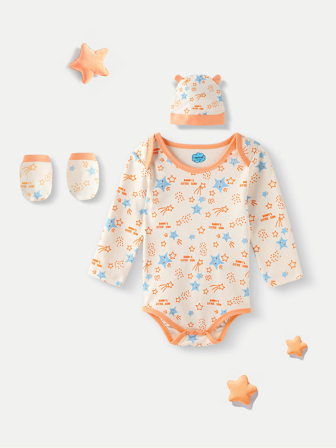 Nautinati Infant's Soft Cotton Star Print Bodysuit With Mittens and Beanie