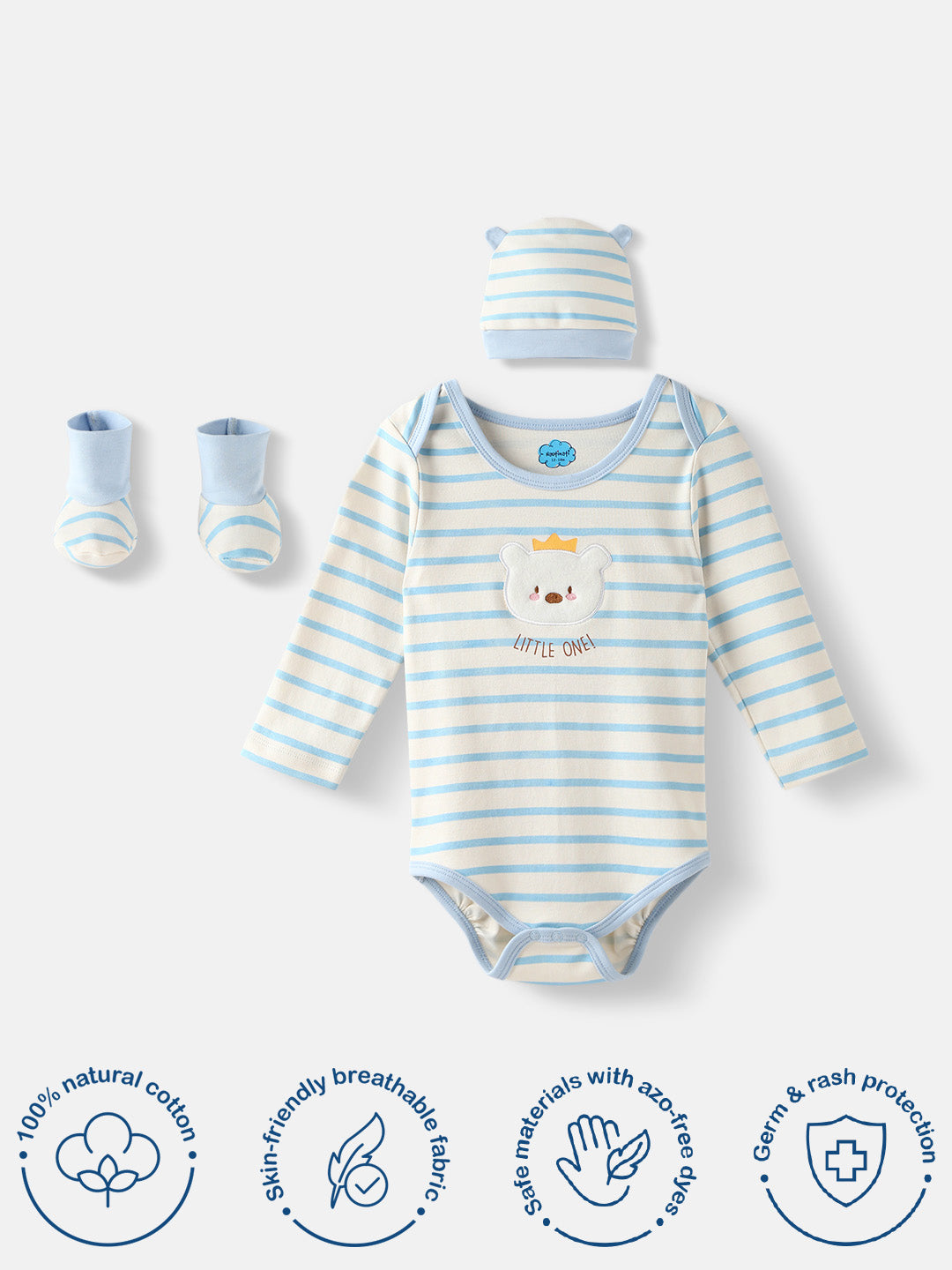Nautinati Boys' Interlock Cotton Striped Bodysuit with Beanie & Booties