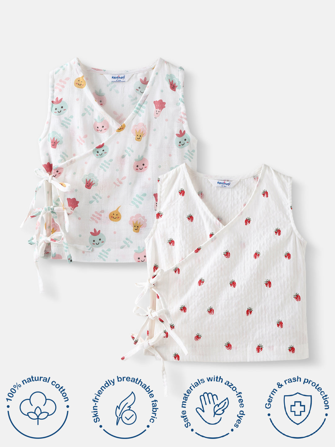 Nautinati Girls' Pack of 2 Cotton Printed Wrap V Neck Collar Jhabla