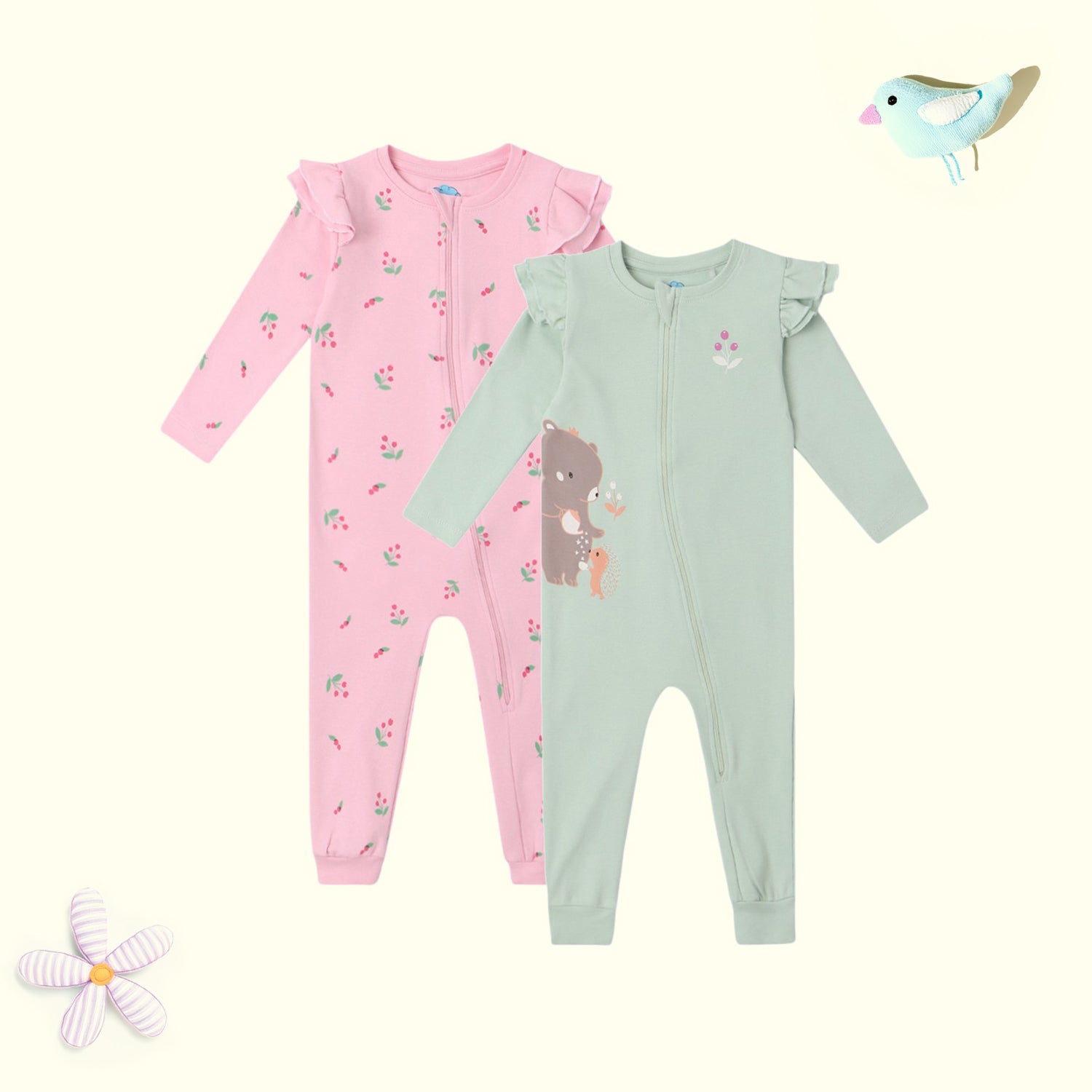 Nautinati Infant's Premium Cotton Graphic Printed Pack of 2 Sleepsuits