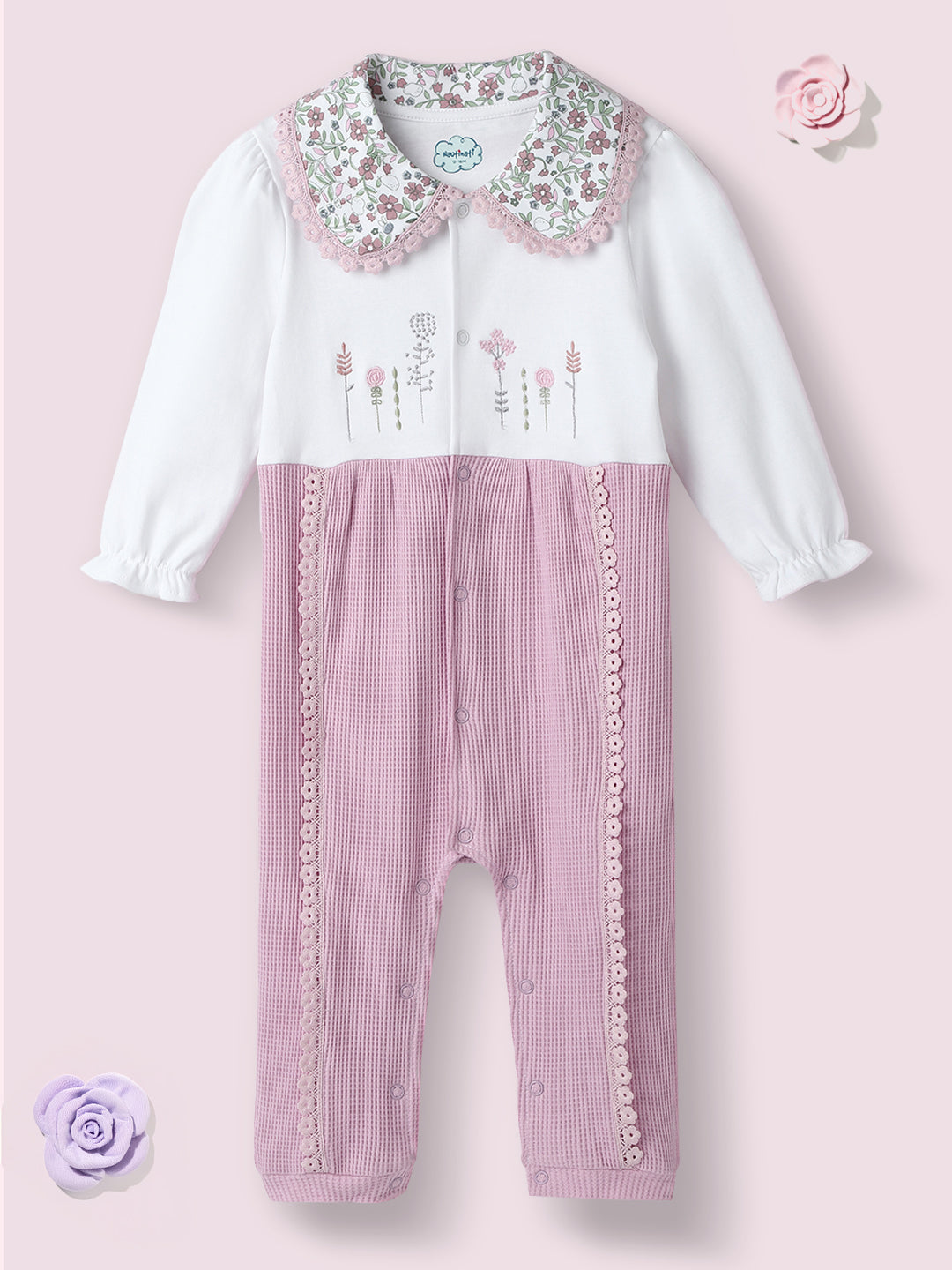 Nautinati Girls' Textured Fabric Floral Embroidered Collared Jumpsuit
