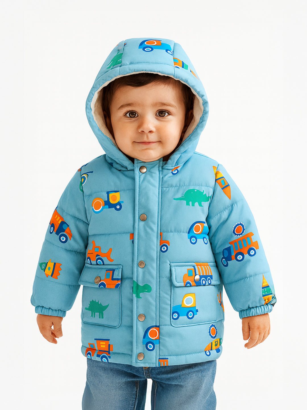 Nautinati Sky Blue Hooded All-over Printed Puffer Jacket for Boys