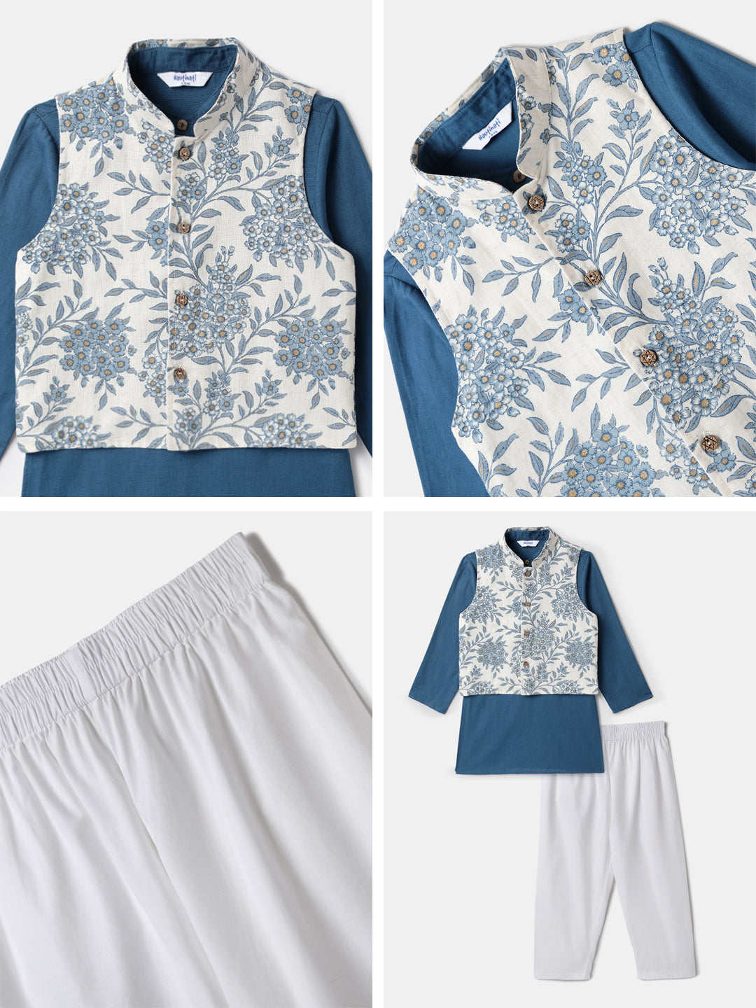 Nautinati Boys' Cotton Festive Kurta Pyjama With Jacket Set | Block Print Jacket | Age 2 - 10 Years