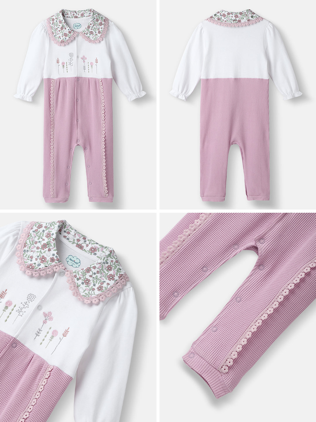 Nautinati Girls' Textured Fabric Floral Embroidered Collared Jumpsuit