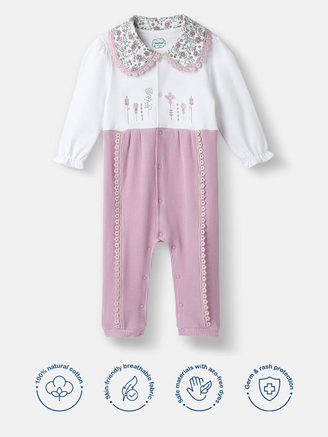 Nautinati Girls' Textured Fabric Floral Embroidered Collared Jumpsuit