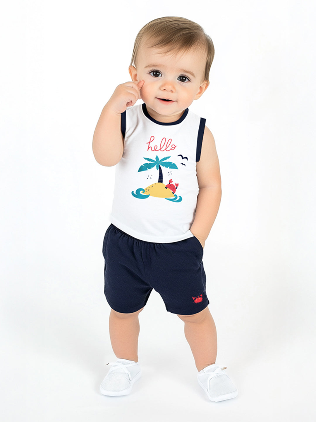 Nautinati Boys' Cotton Graphic Print Contrast Rib Vest and Shorts Set