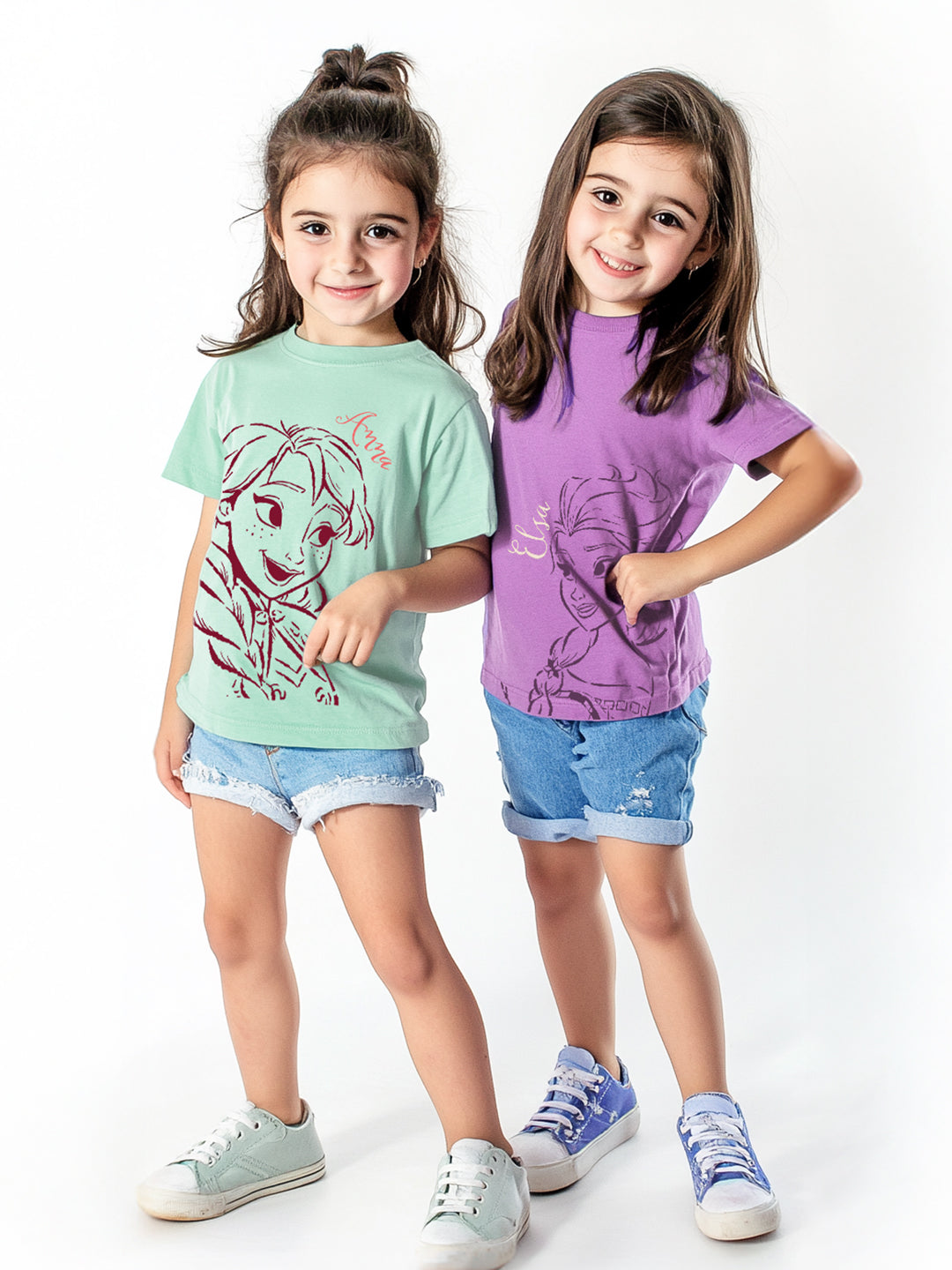Nautinati Girls' Pack of 2 Cotton Frozen Elsa and Anna Printed T-shirts