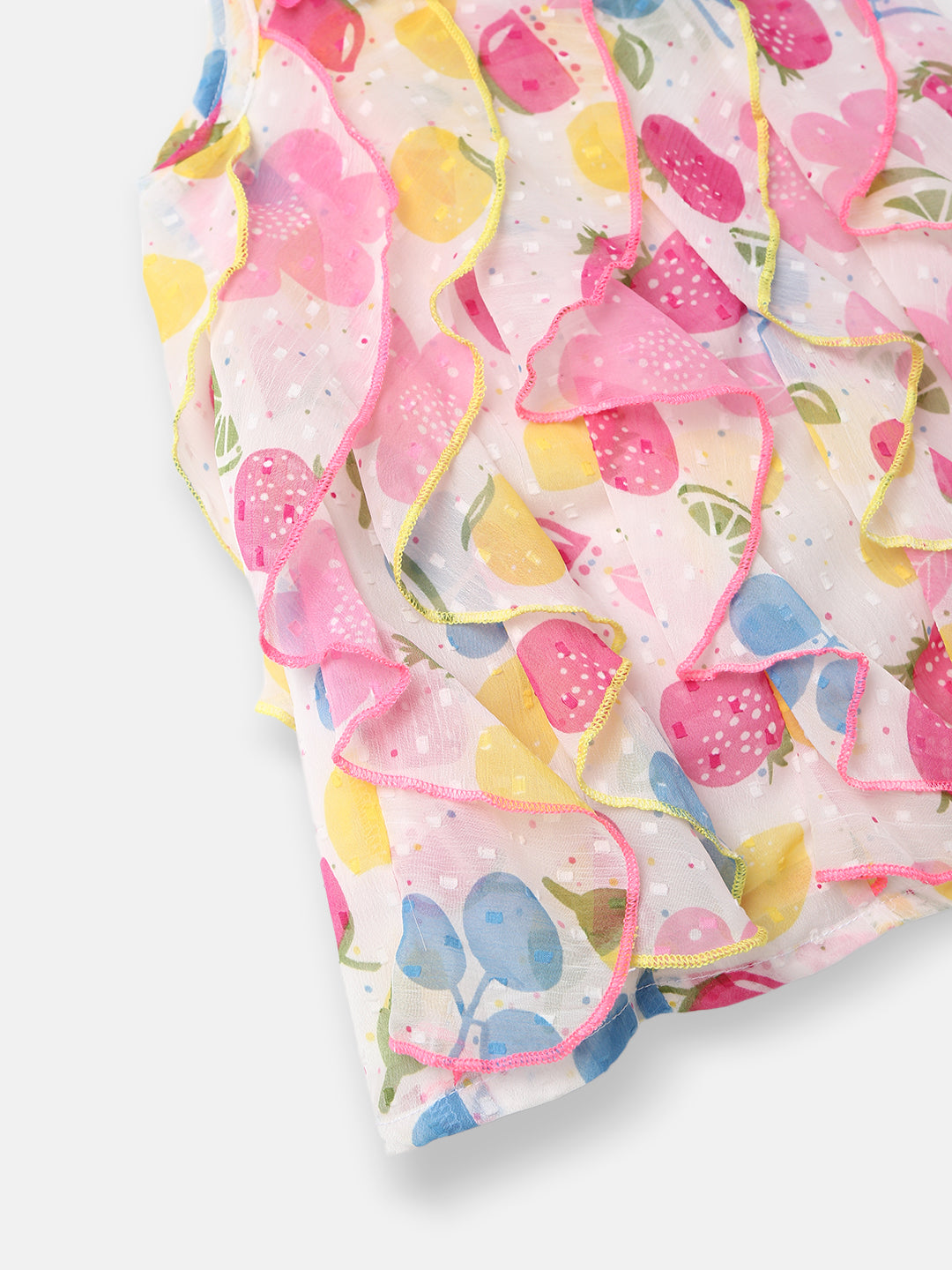 Nautinati Girls White Pink Printed A-Line Dress With Ruffle Detail