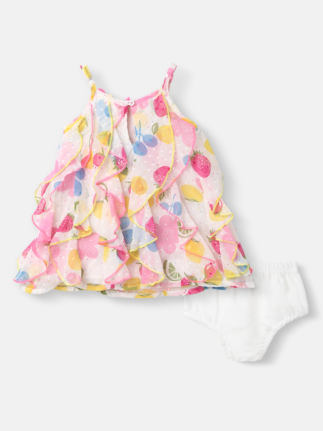 Nautinati Girls White Pink Printed A-Line Dress With Ruffle Detail