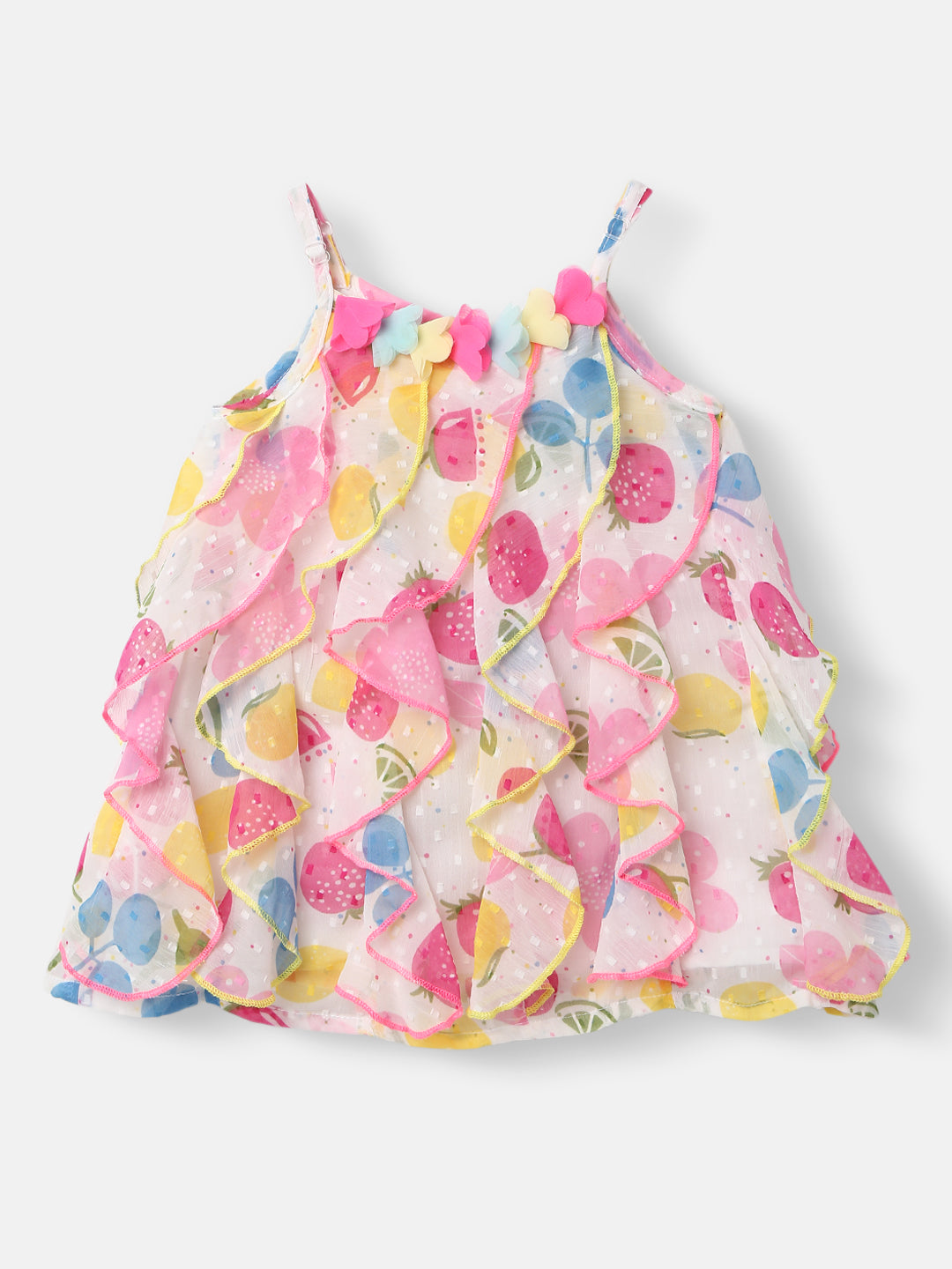 Nautinati Girls White Pink Printed A-Line Dress With Ruffle Detail
