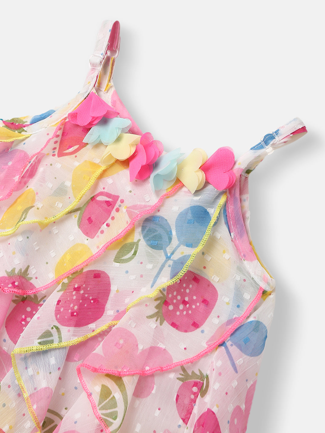 Nautinati Girls White Pink Printed A-Line Dress With Ruffle Detail