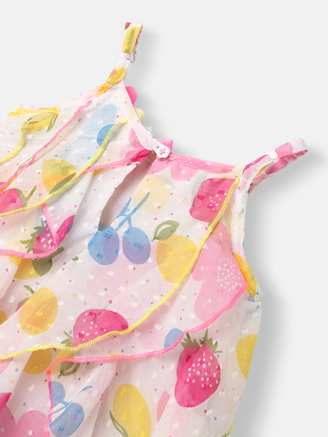 Nautinati Girls White Pink Printed A-Line Dress With Ruffle Detail