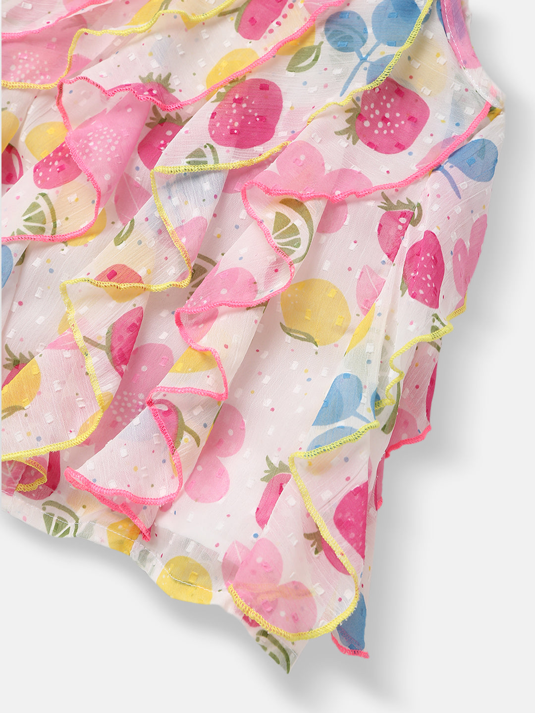 Nautinati Girls White Pink Printed A-Line Dress With Ruffle Detail