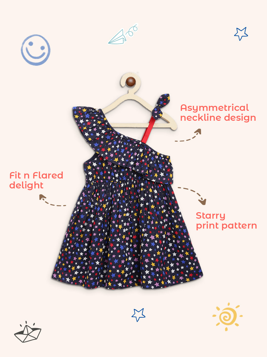 Nauti Nati Girls Navy Blue Printed Fit and Flare Cotton Dress