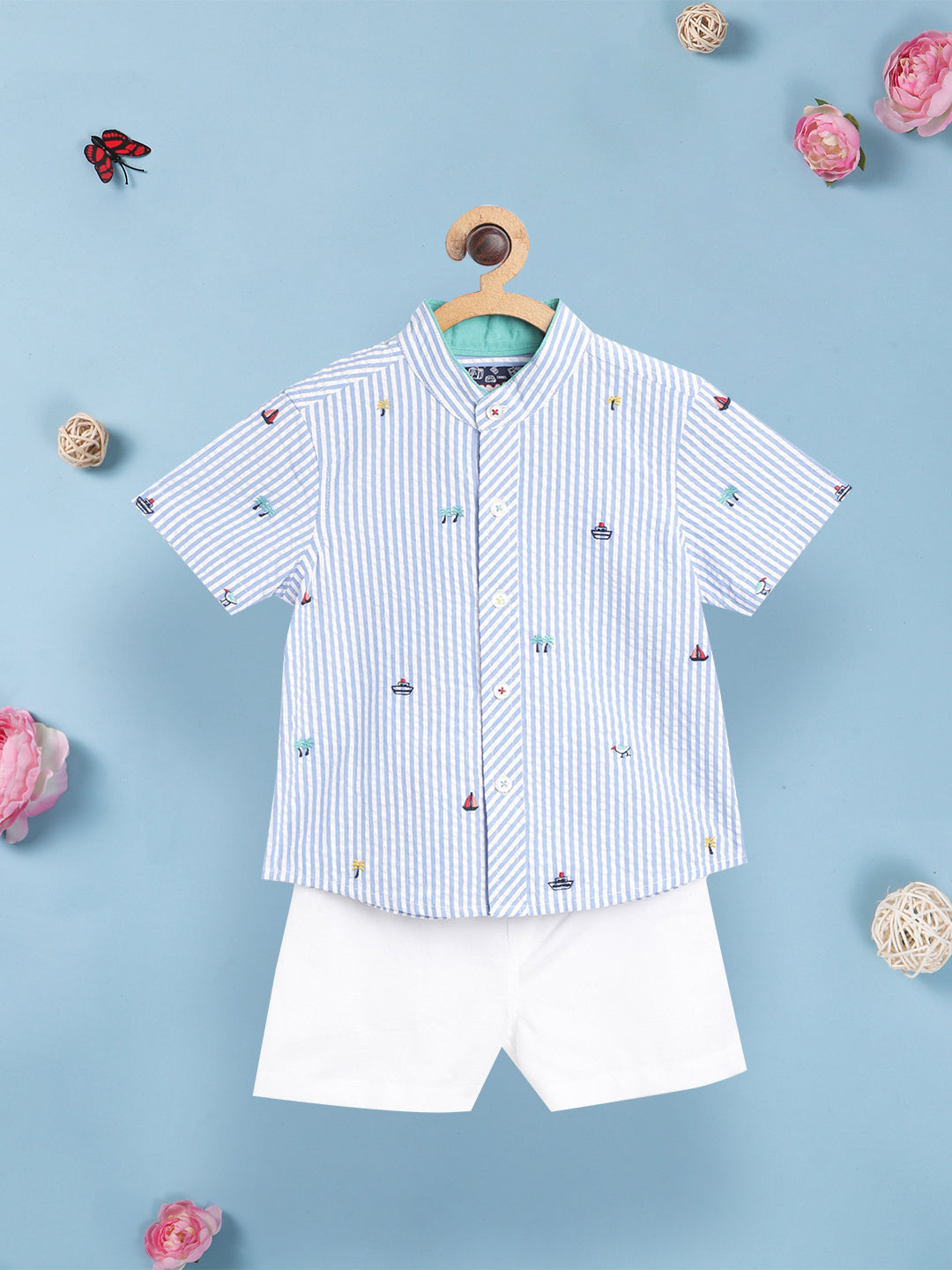 Nauti Nati Boys Blue White Printed Shirt with Shorts