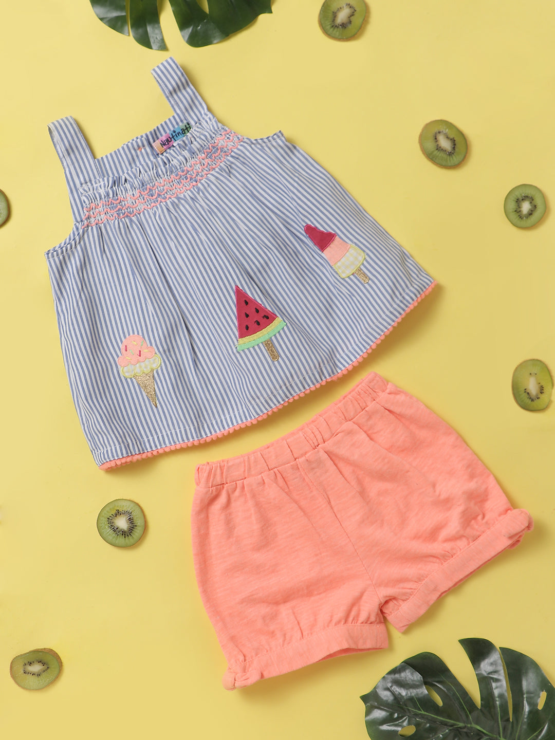Nauti Nati Girls Blue  Peach-Coloured  Striped Cotton Clothing Set