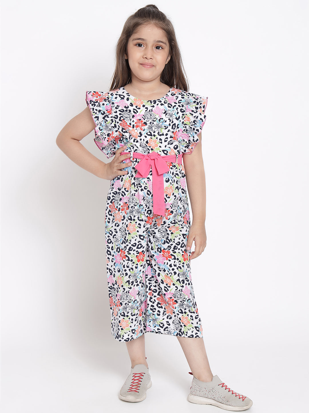 Nauti Nati Girls Pink  White Printed Basic Jumpsuit
