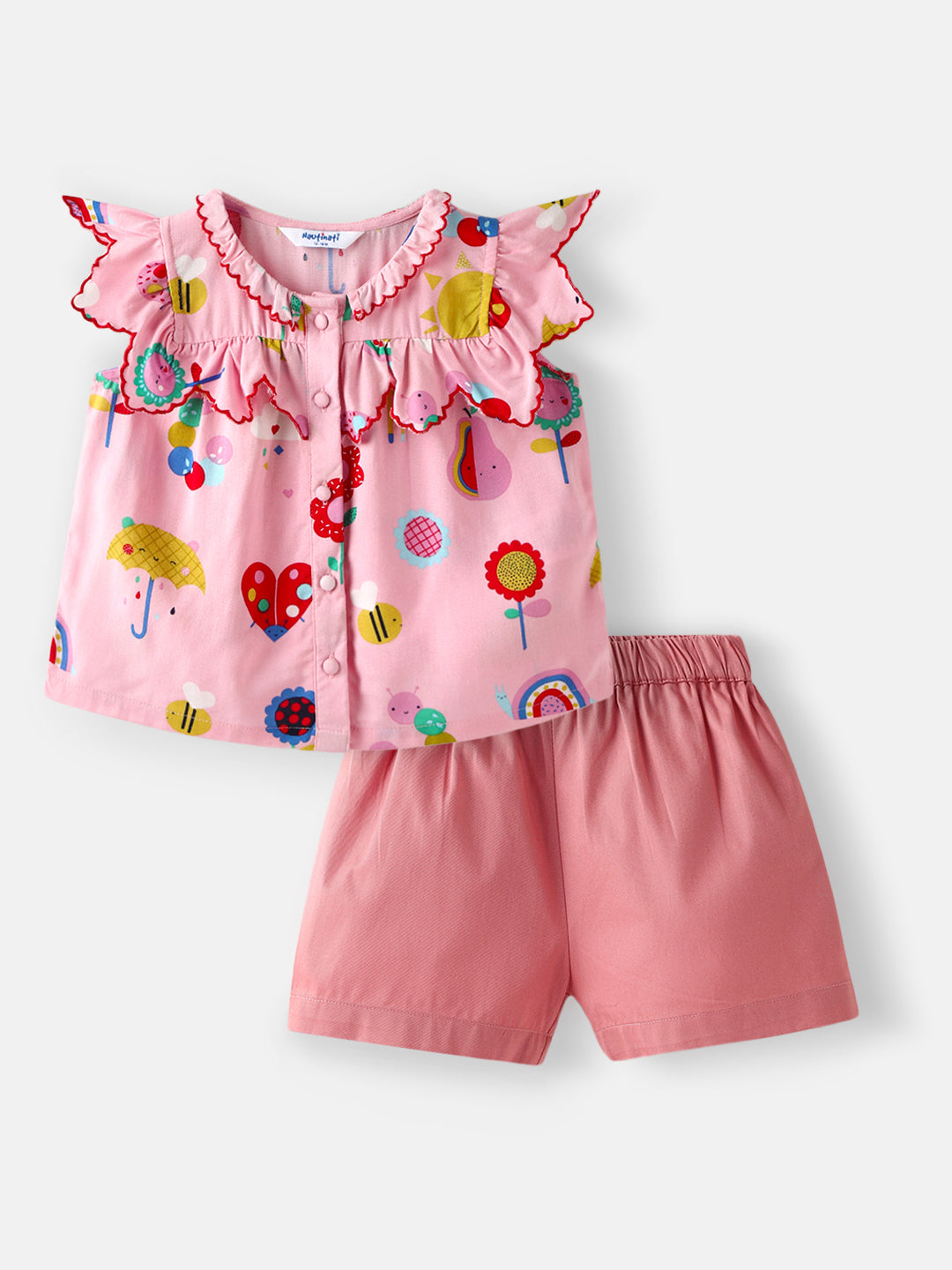 Nautinati Girls' Printed Ruffle Sleeves Top with Solid Shorts