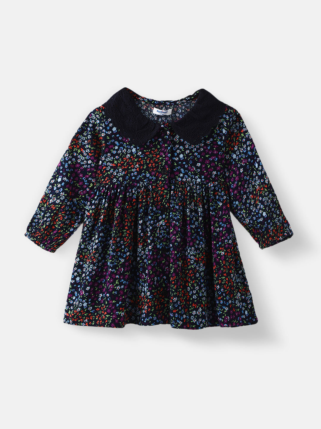 Nautinati Girls' Floral Printed Schiffli Collar Dress