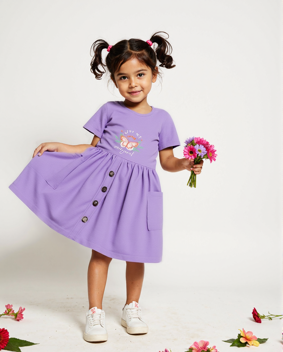 Nautinati Girls Butterfly Print Knee Length Frock with Pockets