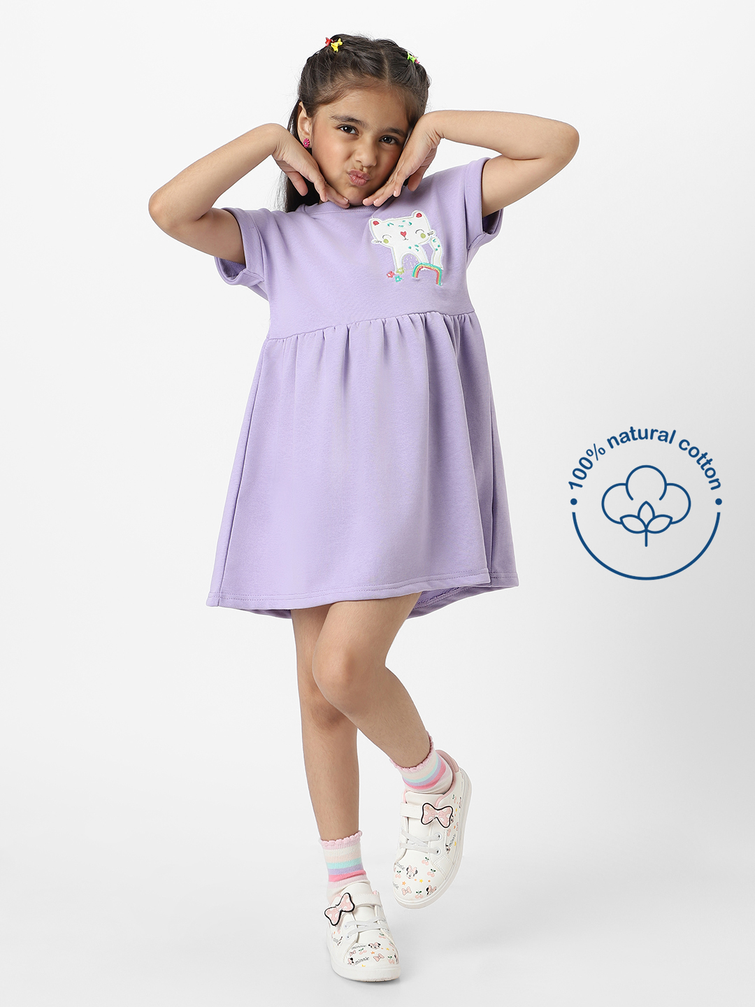Nautinati Girls Lavender Cat Printed Kimono Sleeves A-Line Frock