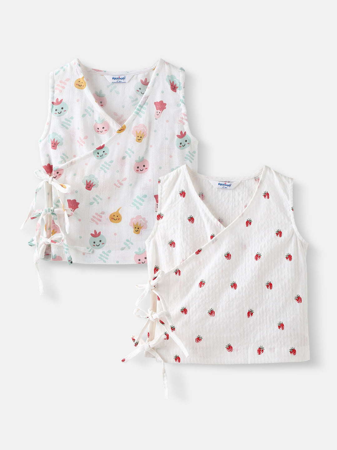 Nautinati Girls' Pack of 2 Cotton Printed Wrap V Neck Collar Jhabla