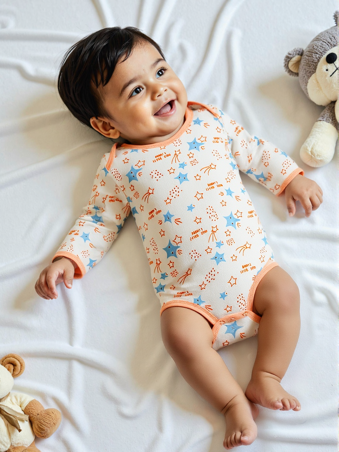 Nautinati Infant's Soft Cotton Star Print Bodysuit With Mittens and Beanie