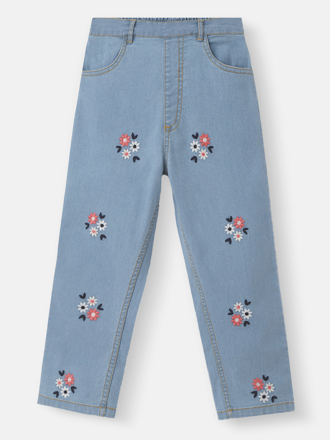 Nautinati Girls' Embroidered Flowers Elasticated Waistband Cotton Denim Jeans
