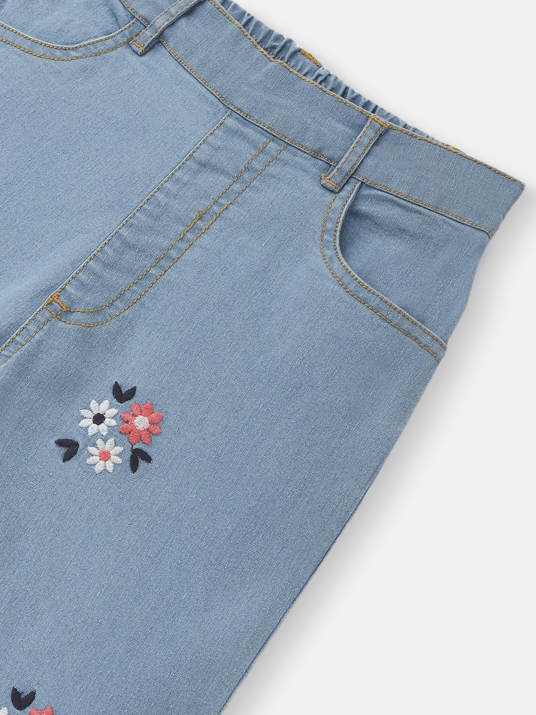 Nautinati Girls' Embroidered Flowers Elasticated Waistband Cotton Denim Jeans