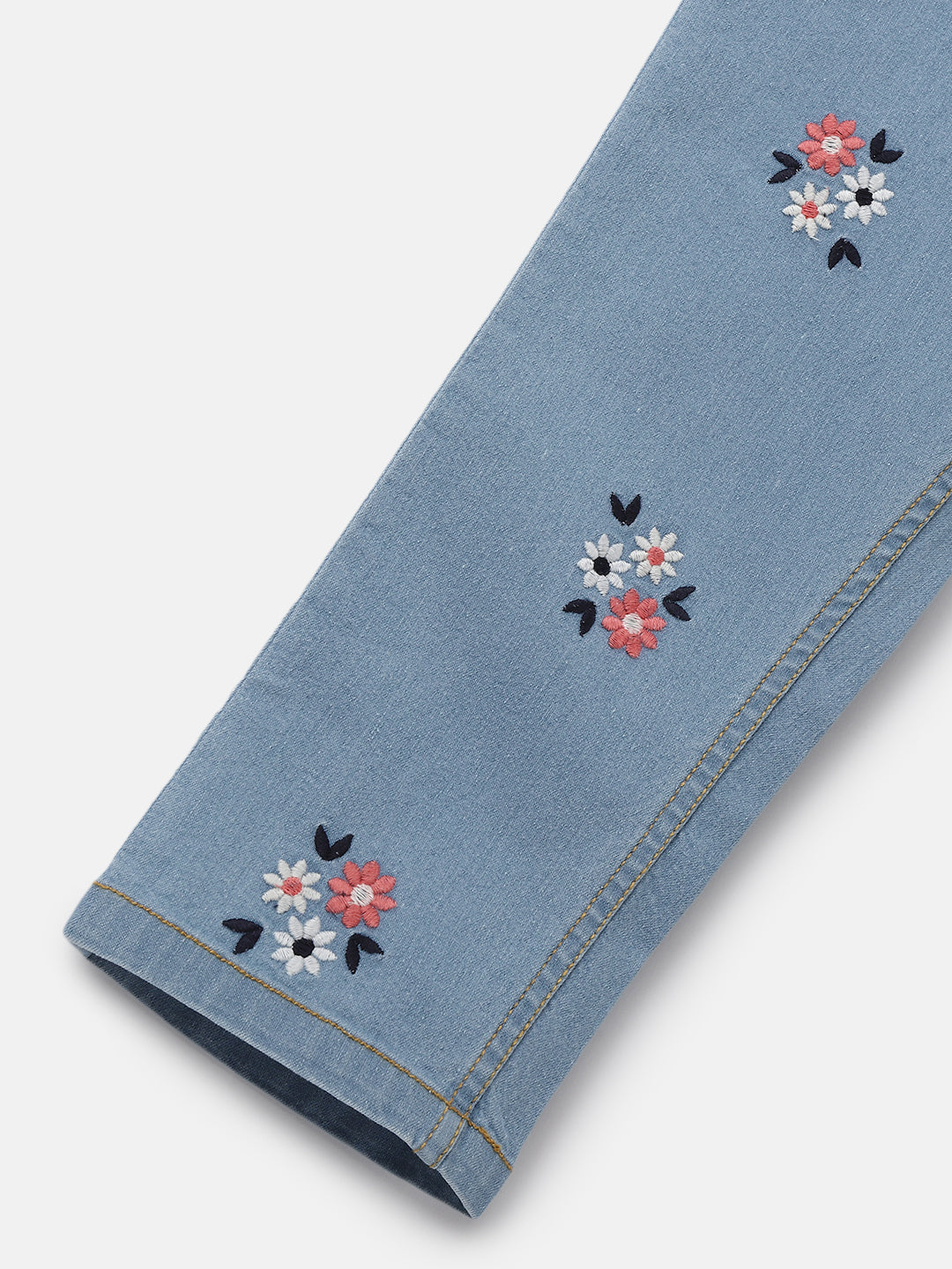 Nautinati Girls' Embroidered Flowers Elasticated Waistband Cotton Denim Jeans