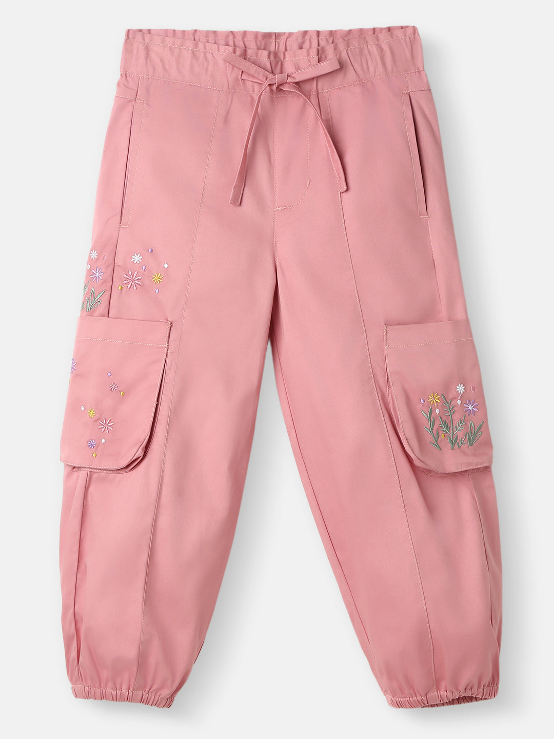 Girls Cotton Cargo | Cargo Joggers for 4-8 Years | Floral Embroidery | Cargo with Pockets