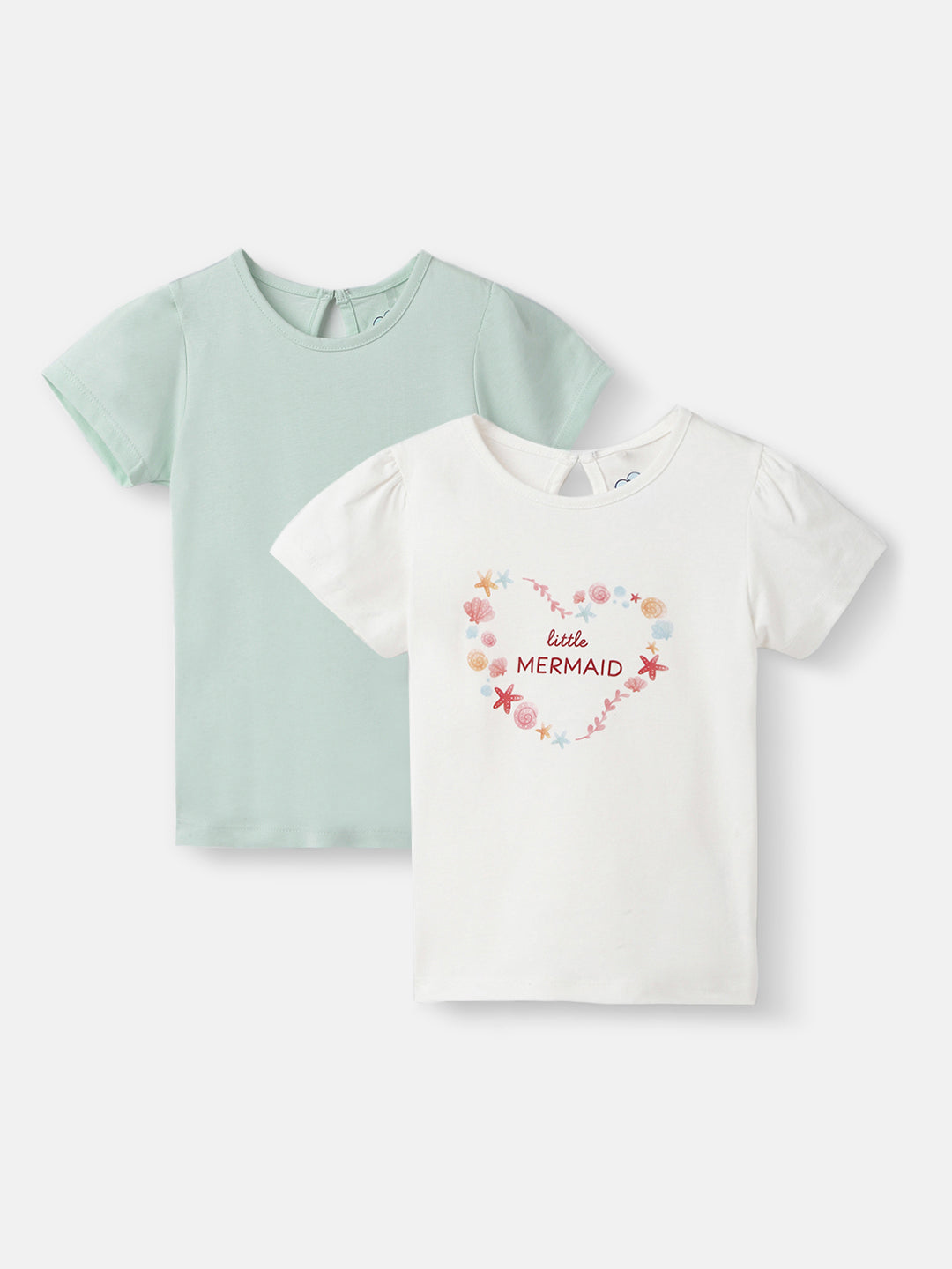 Nautinati Girls' Pack of 2 Cotton Graphic Printed & Solid Gathered Sleeves T-shirts
