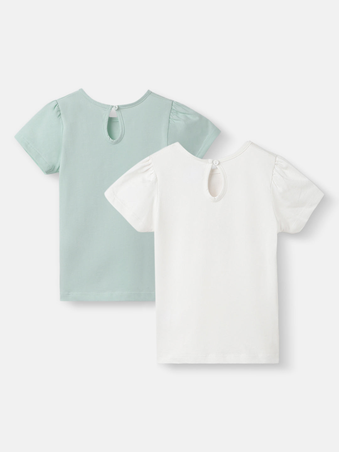 Nautinati Girls' Pack of 2 Cotton Graphic Printed & Solid Gathered Sleeves T-shirts