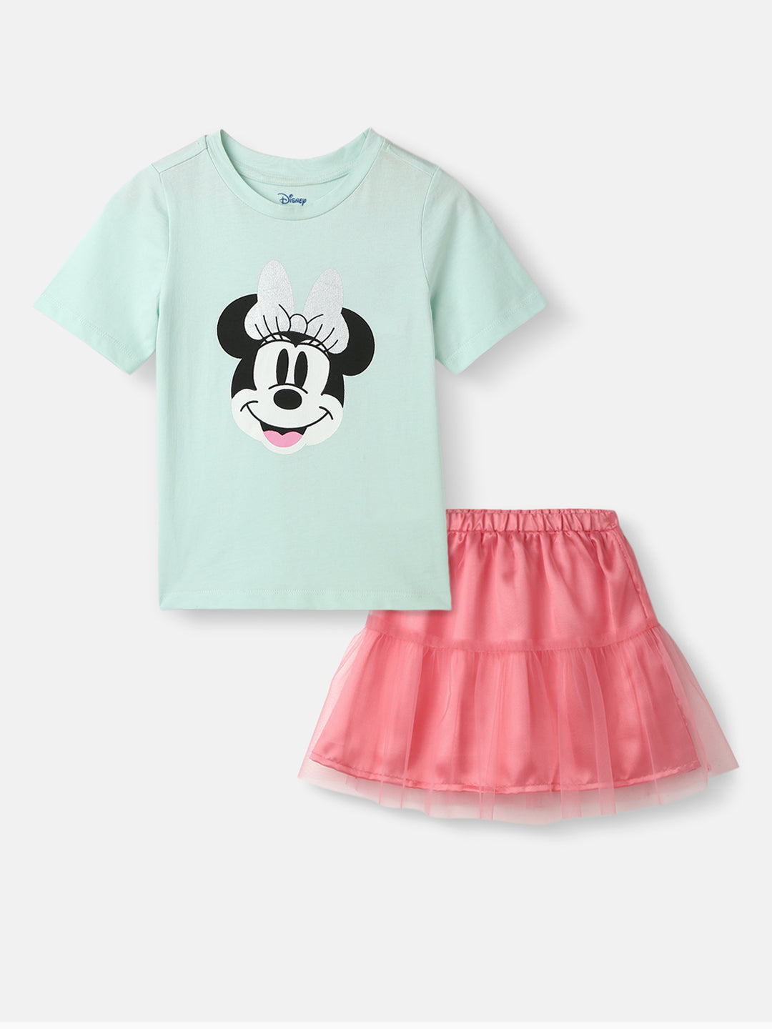 Nautinati Girls' Minnie Mouse Printed Set of T-shirt and Tiered Tulle Skirt