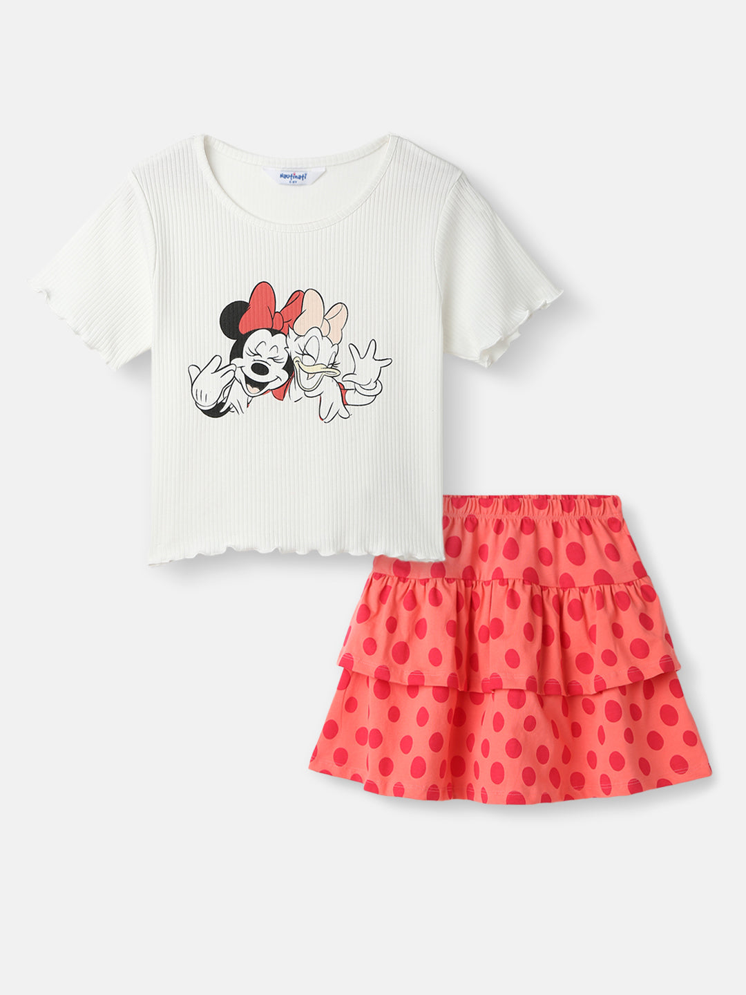 Nautinati Girls' Cotton Set of Minnie Mouse Print Top and Tiered Polka Dot Skirt