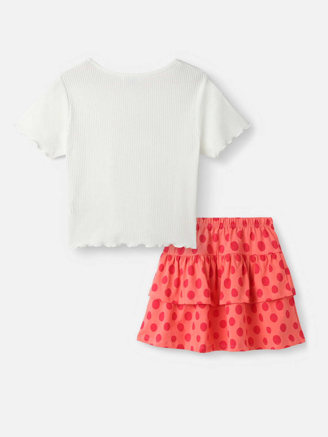 Nautinati Girls' Cotton Set of Minnie Mouse Print Top and Tiered Polka Dot Skirt