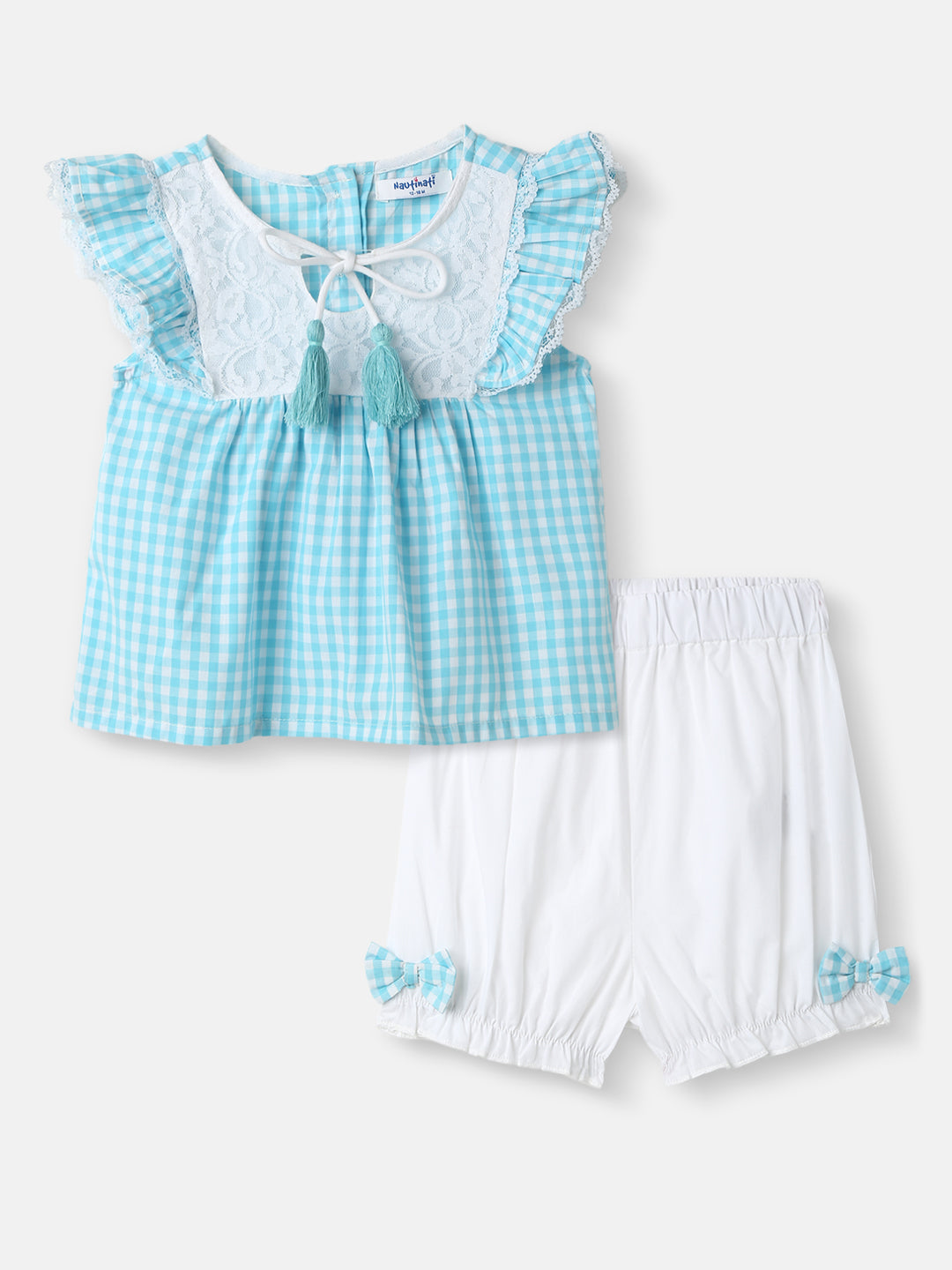Nautinati Girls' Yarn Dyed Print Top and Pants Set with Lace Panel