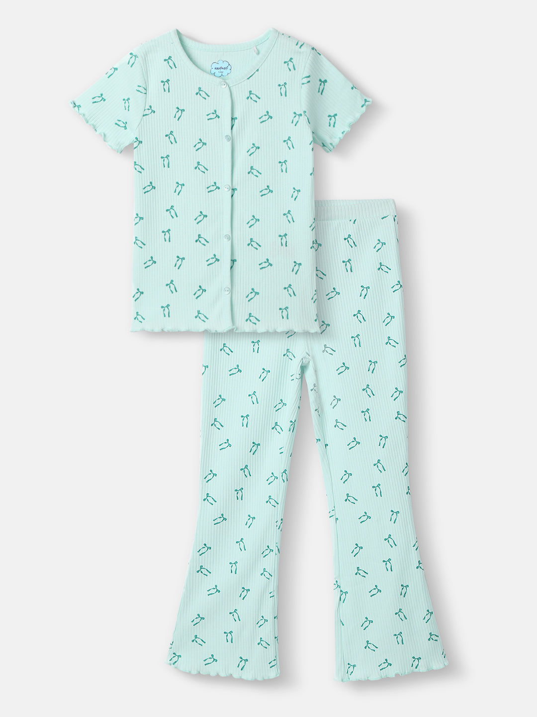 Nautinati Girls' Blue Derby Rib Set With All-over Print | Cotton | Age 2-10 Years