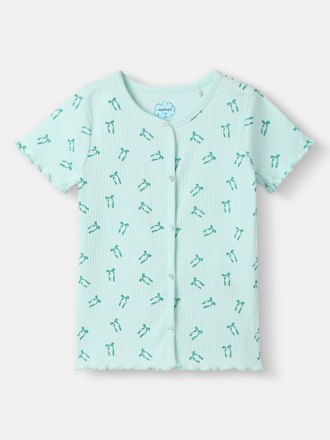 Nautinati Girls' Blue Derby Rib Set With All-over Print | Cotton | Age 2-10 Years