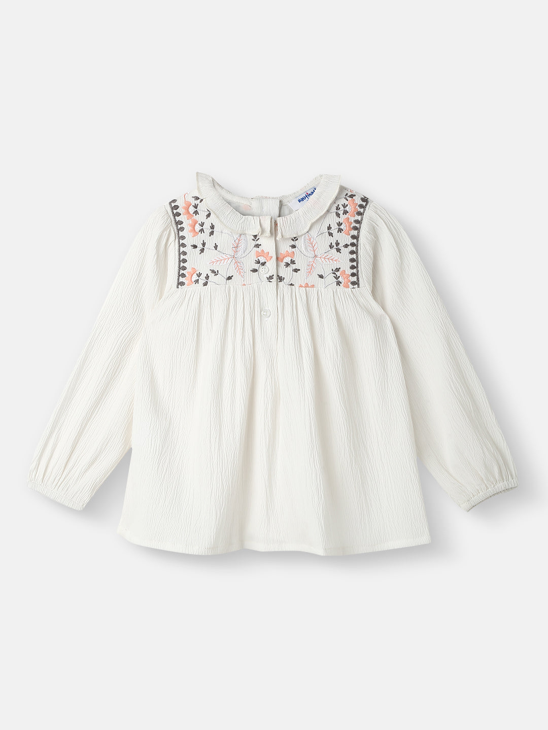 Nautinati Girls' Cotton Ruffled Collar Embroidery Detail Top