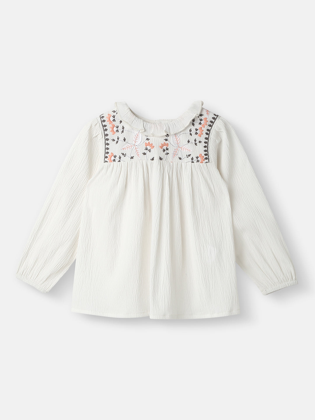 Nautinati Girls' Cotton Ruffled Collar Embroidery Detail Top