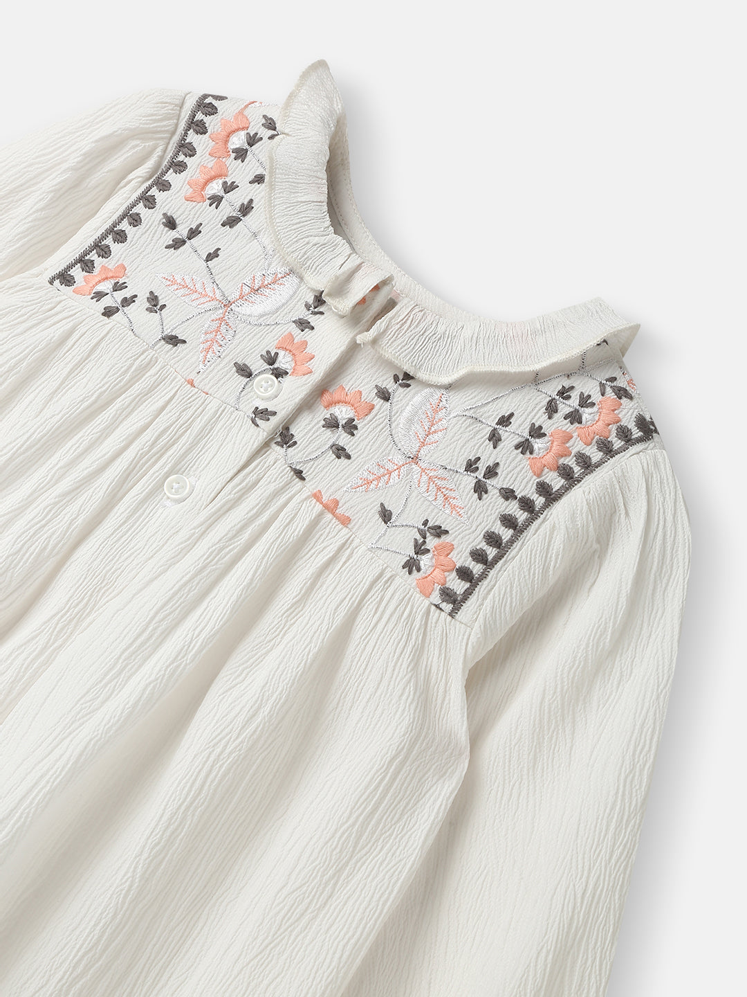 Nautinati Girls' Cotton Ruffled Collar Embroidery Detail Top