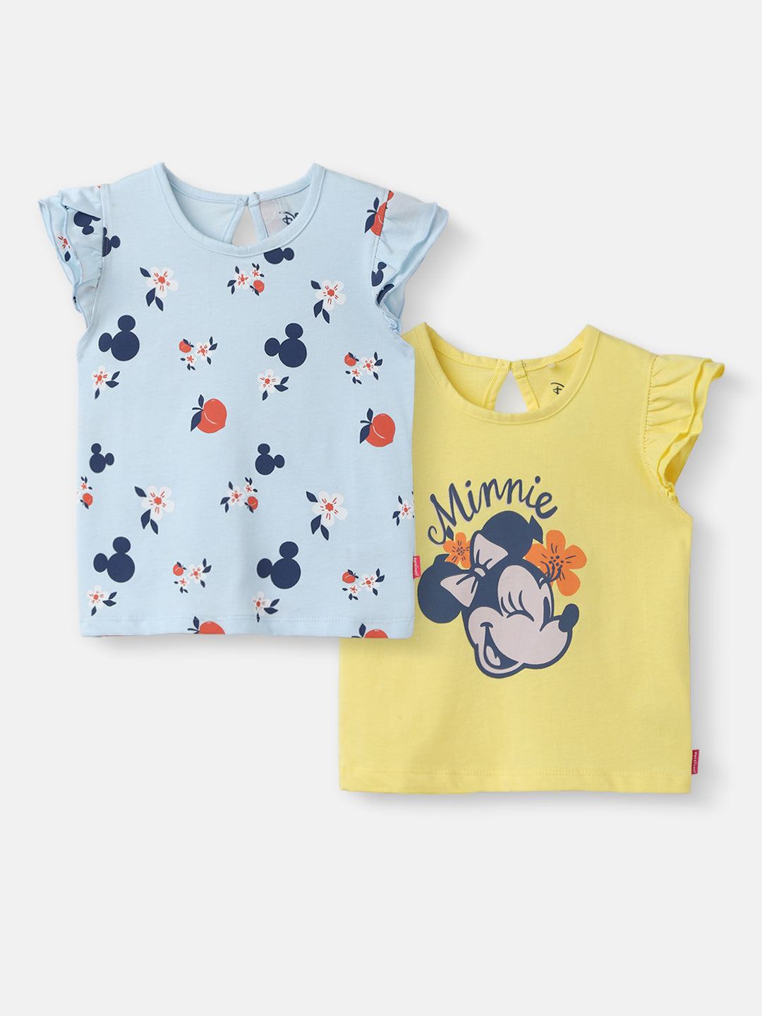 Nautinati Girls' Pack of 2 Cotton Minnie Mouse Printed Flutter Sleeves T-shirts