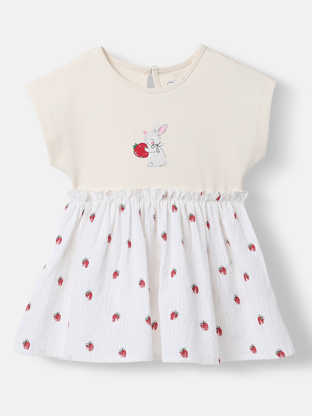 Girls’ Cotton Dress | Strawberry Print |Rabit Badge | 3-24 Months