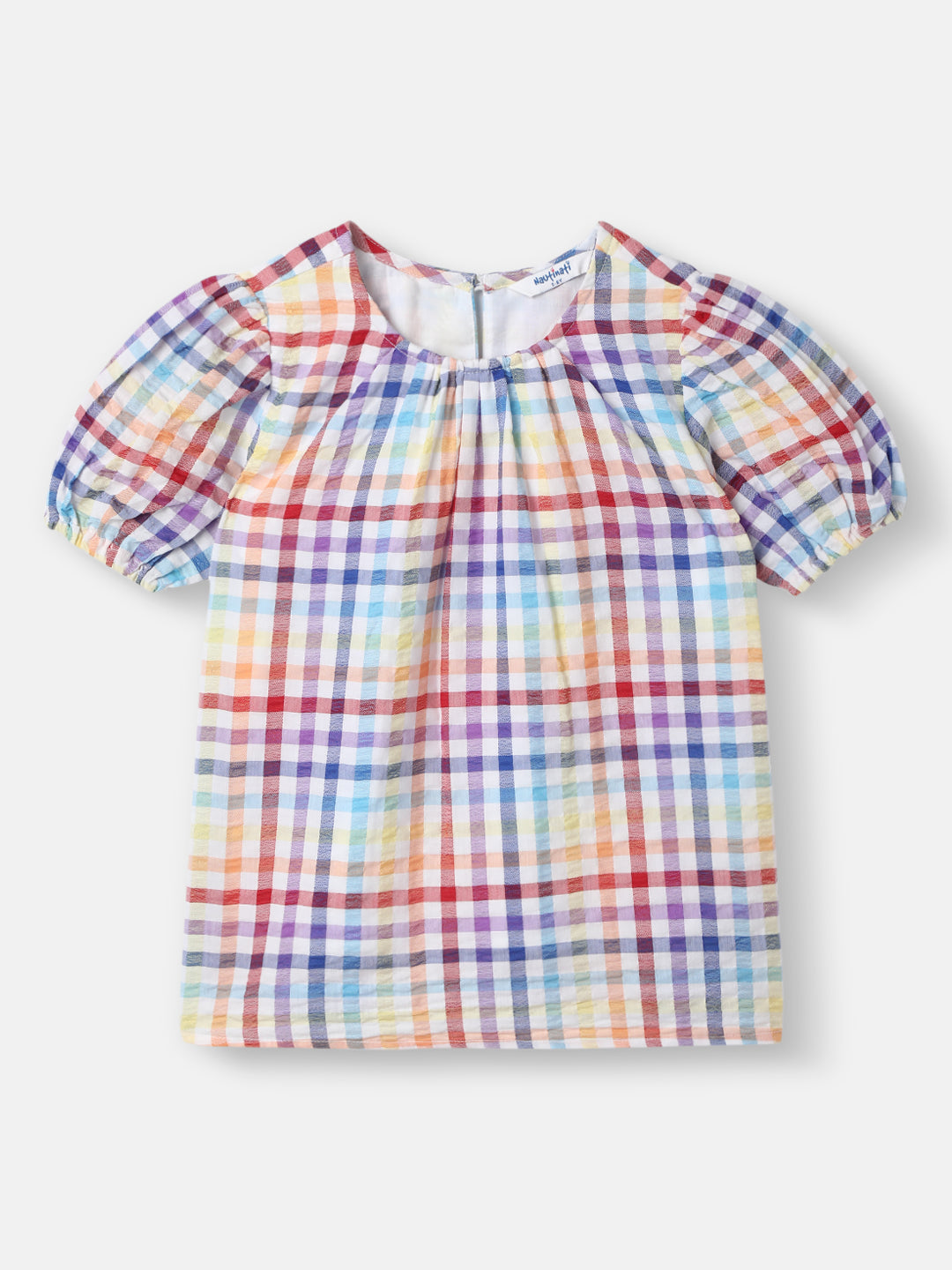 Nautinati Girls' Multicolour Seersucker Top with Puff Sleeves | Age 2-10 Years