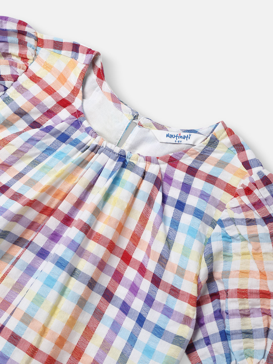 Nautinati Girls' Multicolour Seersucker Top with Puff Sleeves | Age 2-10 Years