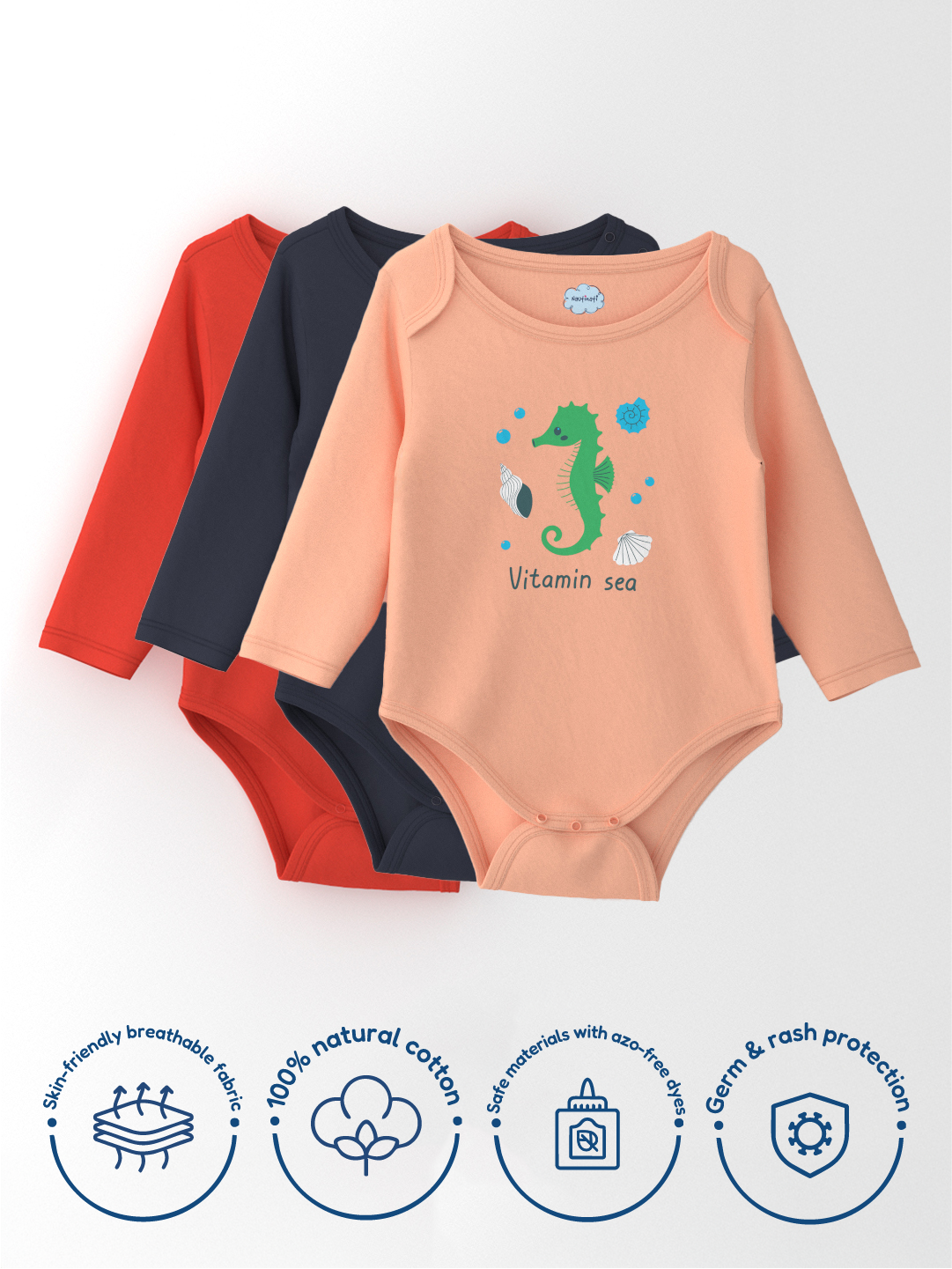 Nautinati Infants' Cotton Pack of 3 Ocean Print Bodysuit