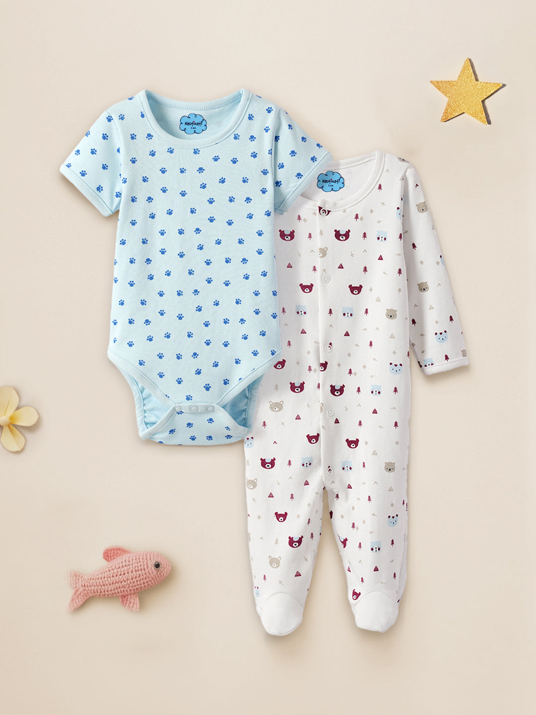 Nautinati Soft Cotton Bodysuits for Infants Newborn Baby Boys & Girls Pack of 2
