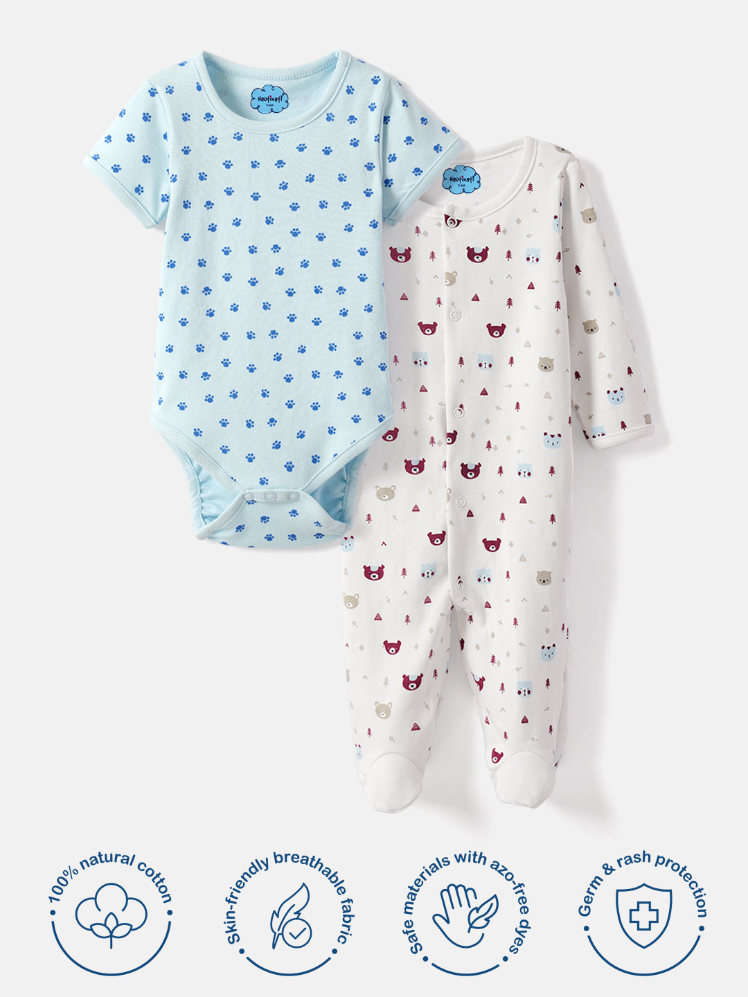 Nautinati Soft Cotton Bodysuits for Infants Newborn Baby Boys & Girls Pack of 2