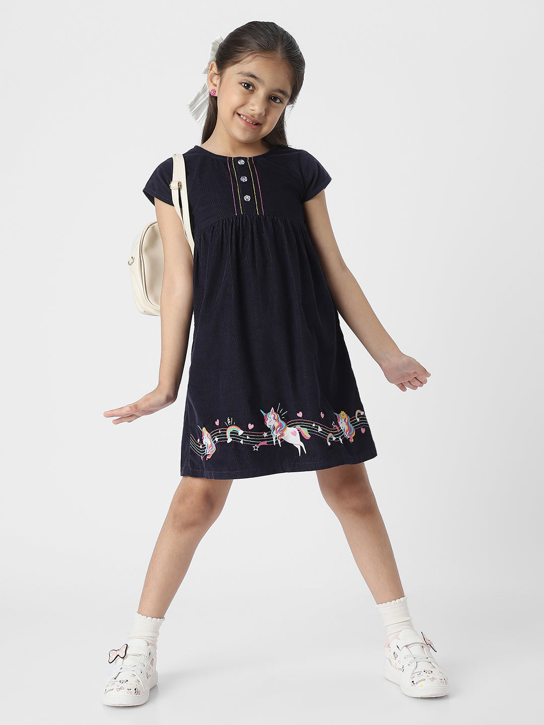 UNICORN EMBROIDERD FIT & FLARED CORDUROY DRESS